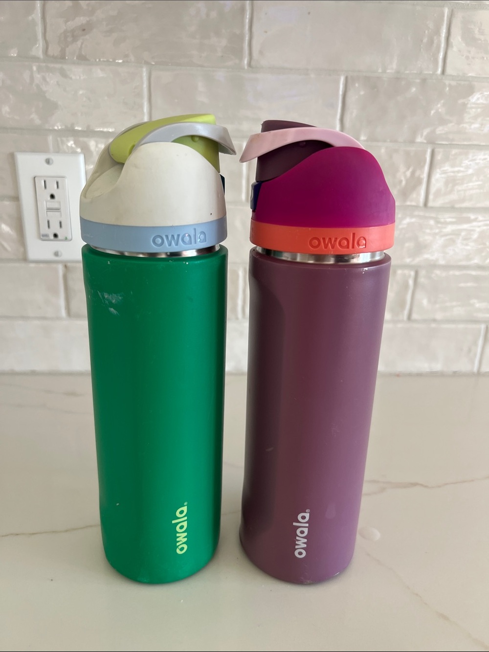 SET of TWO Owala Kids Stainless Steel Water Bottle - Green and Purple USED